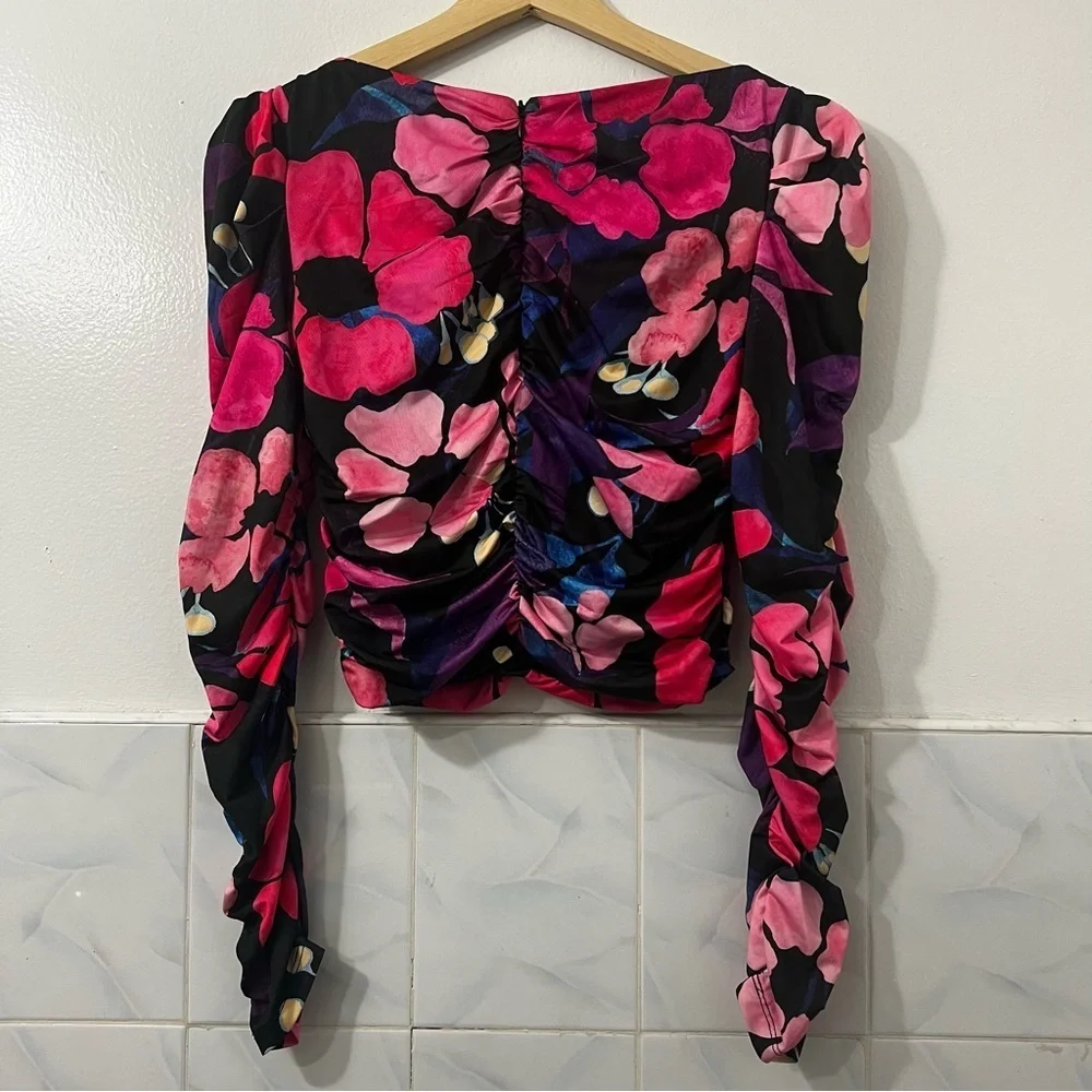H&M Women’s XS Gathered Floral Ruched Puff Sleeve Fairy Bloomcore Retro Crop Top - Picture 4 of 7